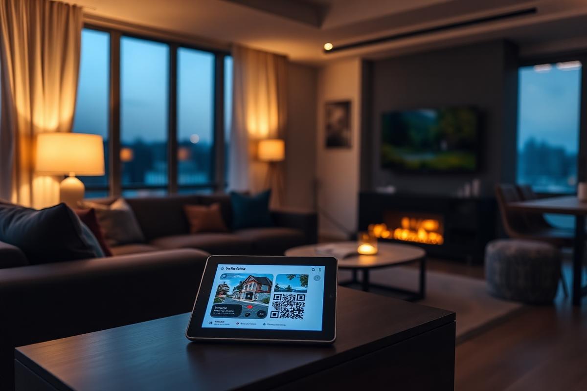 A tablet in a rental living room showing a local guide with a QR code
