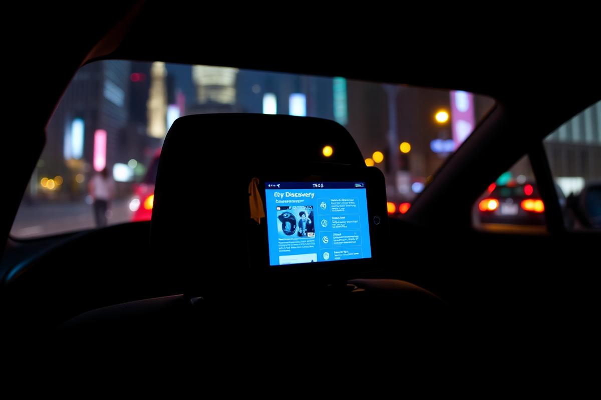 A passenger-facing tablet in a car at night showing a city discovery screen