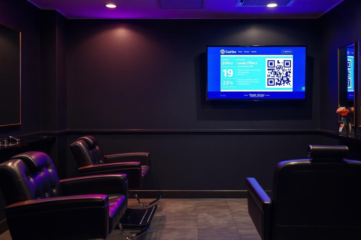 A barbershop waiting room with a wall screen showing local offers and a QR code